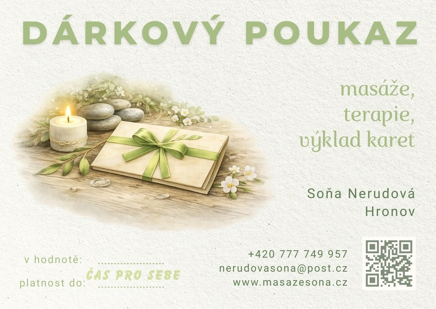 Dárkový poukaz na masáže, terapie a výklad karet - Soňa Nerudová, Hronov